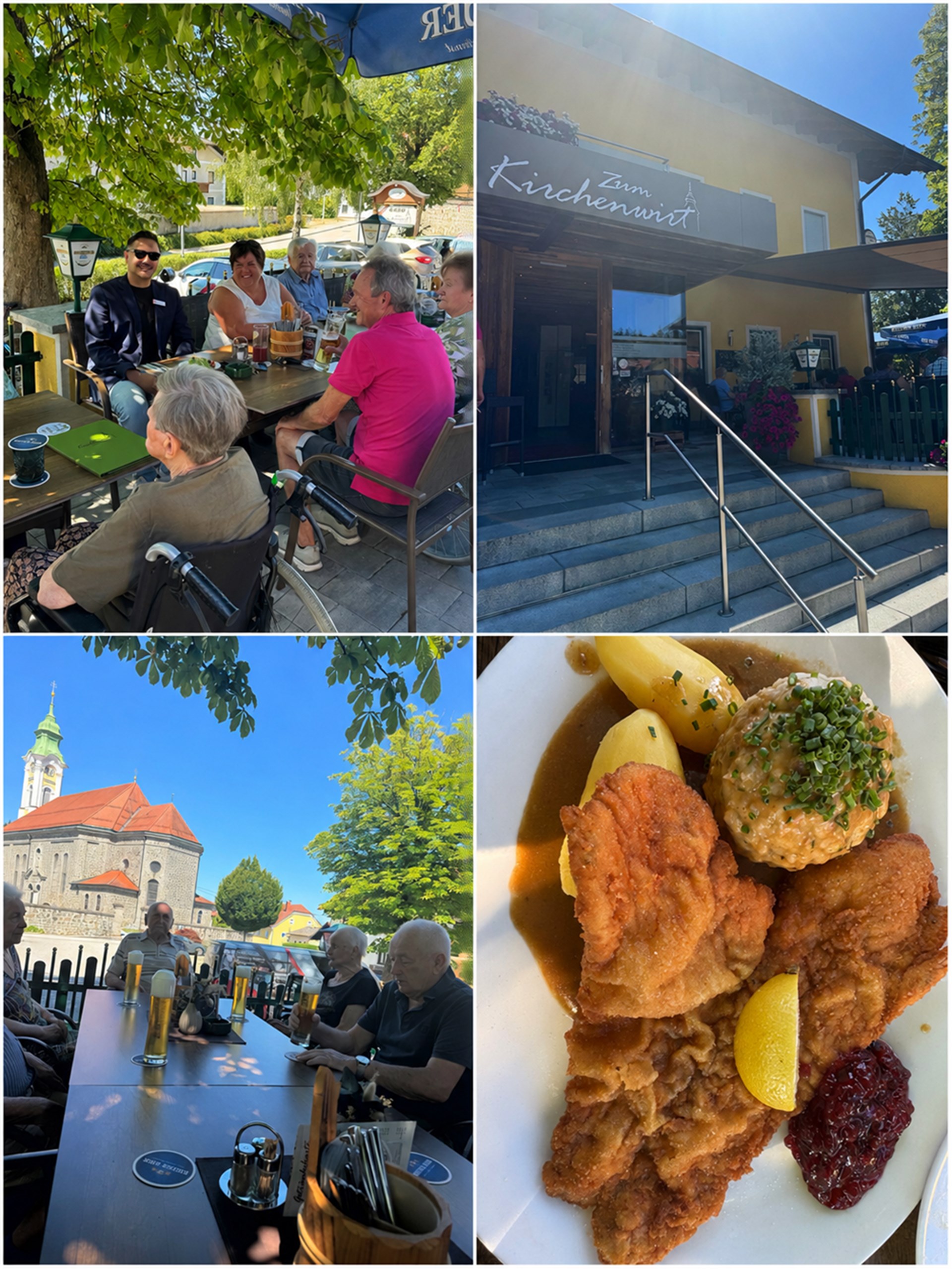Gemeinsamer Ausflug mit Einkehr im Gasthaus und gemütlichem Beisammensein im Gastgarten. Bei strahlendem Wetter genießen die Teilnehmenden regionale Spezialitäten und die Aussicht auf die Kirche. Der Tag lädt zu Austausch, Genuss und Gemeinschaft ein.